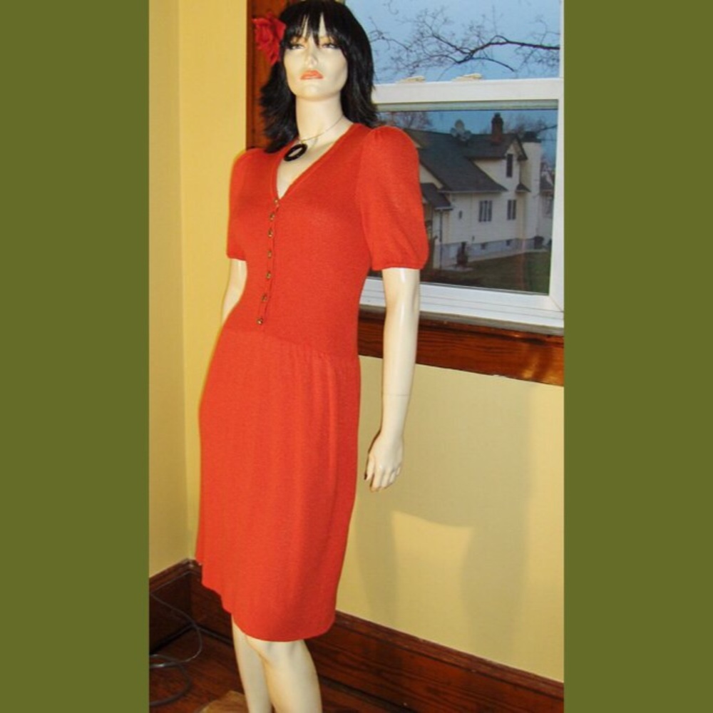 VTG 70s Retro Red Puff Slv Pin Up Lolita Dress